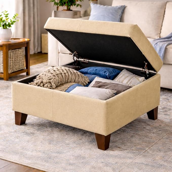 HomePop Woven Square Storage Ottoman with Wood Legs, Tan