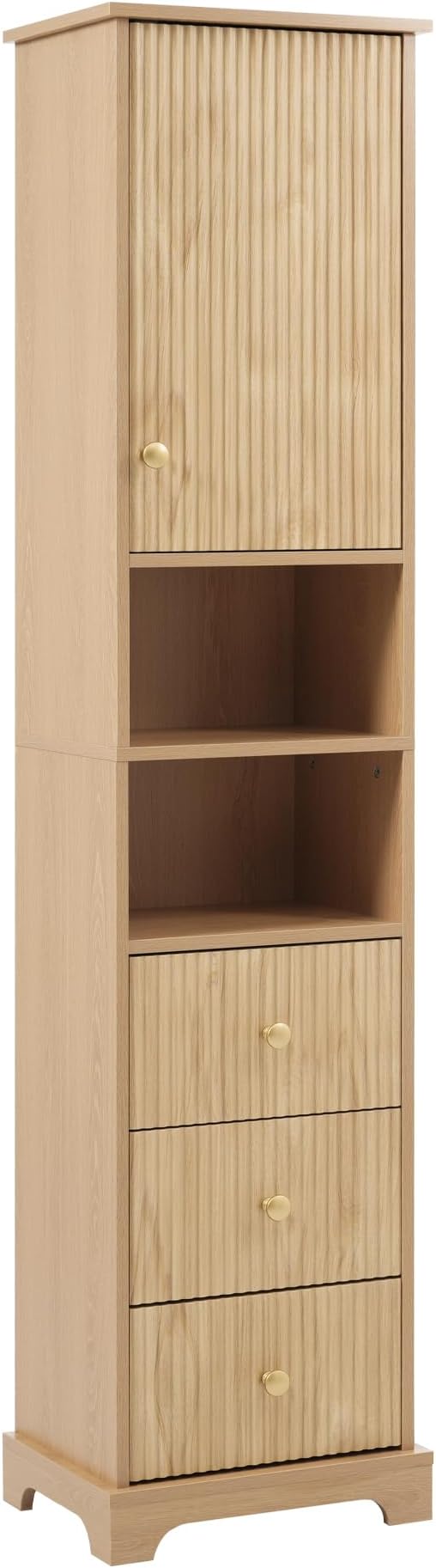 Tall Freestanding Storage Cabinet with One Door & 3 Drawers, Multi-Purpose Organizer with Open Storage and Adjustable Shelf for Bathroom, Office, Living Room, Wood