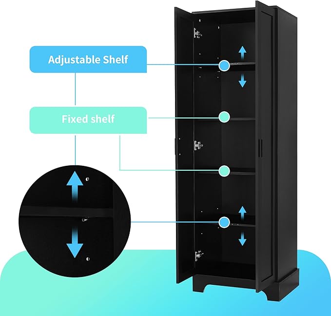 Tall Freestanding Storage Cabinet, Multi-Purpose Floor Organizer with 2 Doors & 5 Adjustable Shelves for Bathroom, Office, Living Room, Black