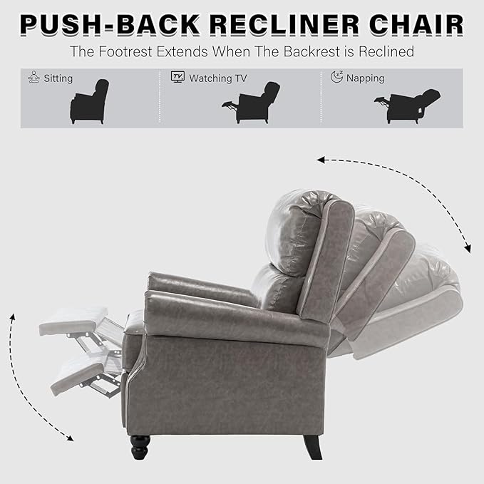 UIXE PU Leather Pushback Recliner Chairs Set of 2, Overstuffed Armchair Push Back Accent Chair for Living Room, Rivet Trim Club Chair Home Theater Single Sofa Bedroom Side Reading Seat - Gray