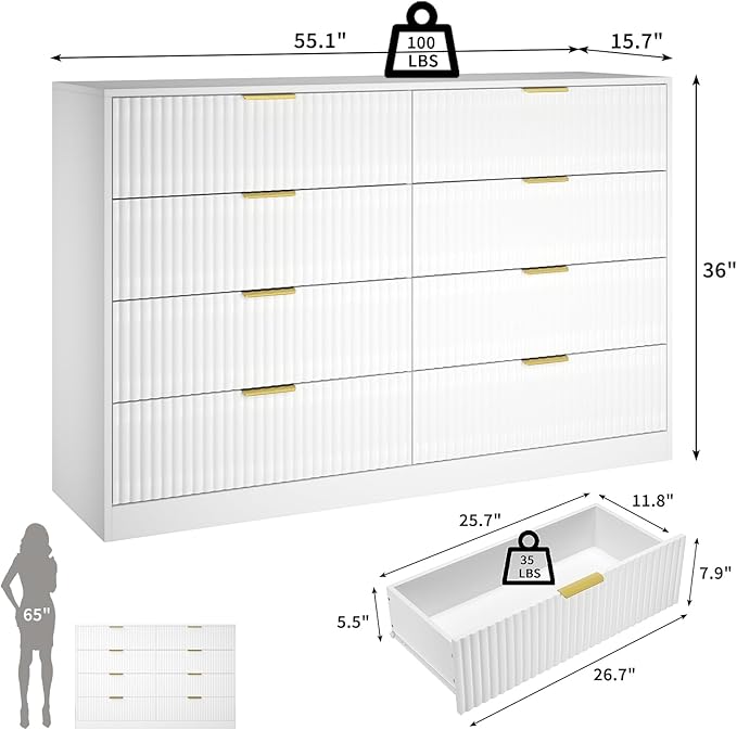 White Fluted Dresser Bedroom with 8 Drawer,55” Wide White Double Drawer Dresser Modern Chest of Drawers with Gold Handles,Wood TV Stand for Bedroom,Living Room