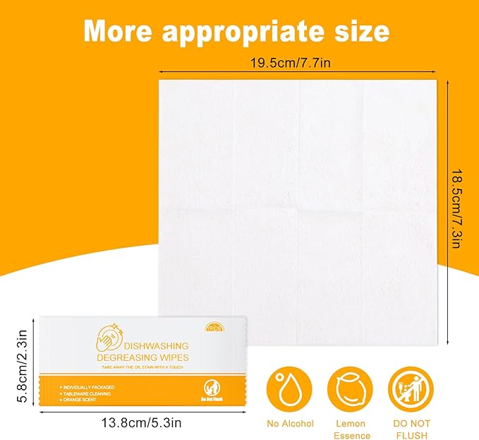 Dish Cleaning Wipes Individually Wrapped Travel Dish Soap Wipes Orange Scent Disposable Wipes Portable for Kitchen Outdoor Traveling Camping RV Quick Clean (50)