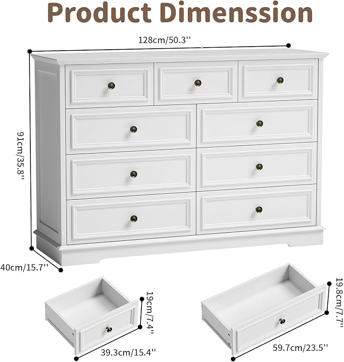 9 Drawer Dressers for Bedroom, 51" Wide Wood Chest of Drawers, Farmhouse Bedroom Dressers with Drawers, Modern Dresser TV Stand, Retro Design, for Living Room, Dressing Room, Hallway, White