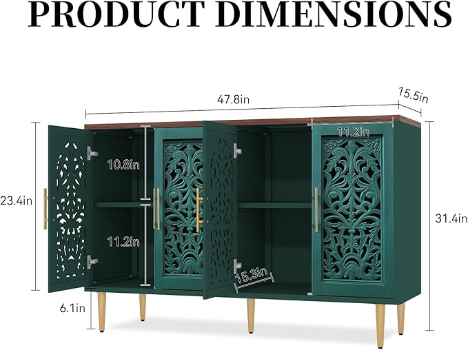 ARTPOWER 47.8" Accent Cabinet with 4 Doors, Vintage Hollow Carving Buffet Cabinet, Sideboards and Buffets with Storage, Credenza for Living Room, Kitchen, Dining Room, Entryway, Hallway, Green