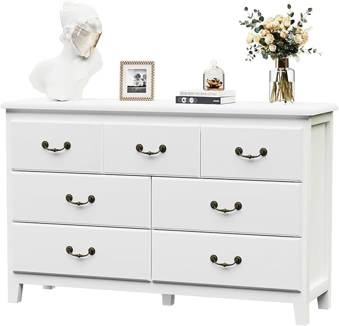 White Dresser for Bedroom, Modern 7 Drawer Double Dresser with Vintage Gold Antique Handles, Chest of Drawers for Bedroom, Antique White