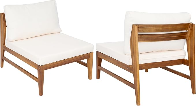 Christopher Knight Home Suri Set of 2 Acacia Wood Lounge Chair Outdoor, Contemporary Accent Chair Set with Weather Resistant Cushion, Deep Seating Armless, Comfy Patio Chairs, Teak + Cream