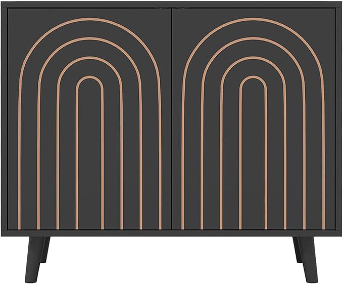 Accent Cabinet with Carving Lines, Modern Buffet Sideboard with Adjustable Shelves, Decorative Storage Cabinets for Bedroom Living Room Kitchen Office and Hallway (Black, 1)