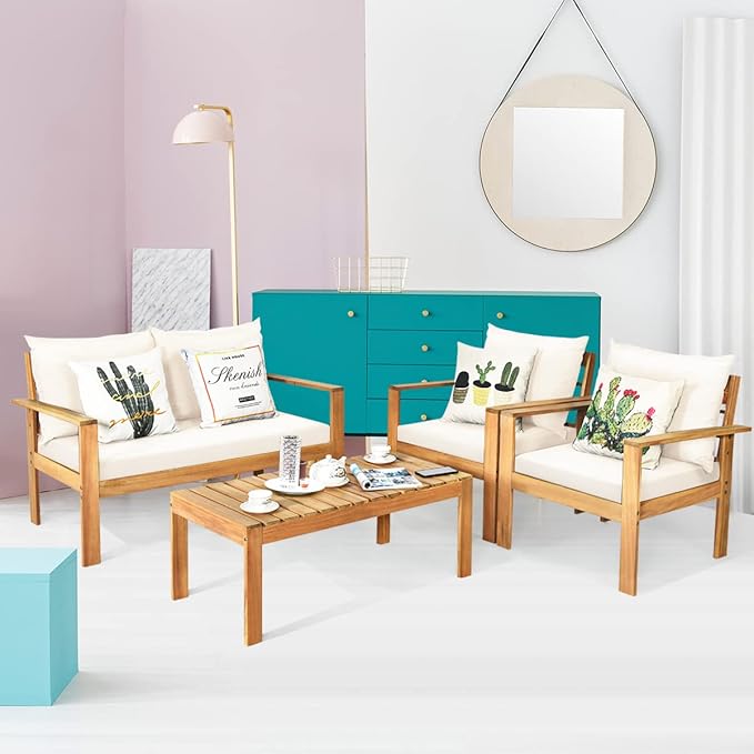 COSTWAY 8 Pieces Outdoor Acacia Wood Sofa Set, Outdoor Conversation Sofa Set with Table & Cushions Porch Chairs for Garden, Patio, Deck