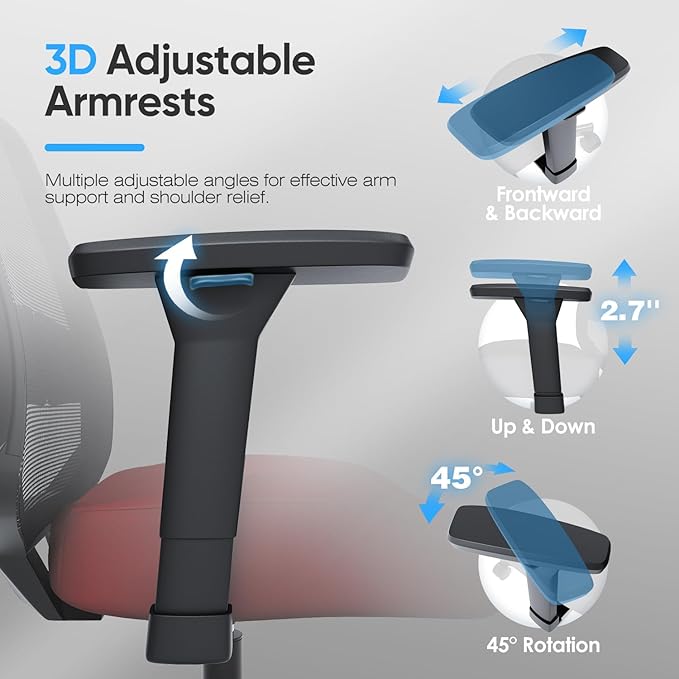 Ergonomic Office Chair, Mesh Computer Desk Chairs with Adjustable Lumbar Support, 3D Armrests, Tilt Function, Comfy Wide Seat, Swivel Executive Work Task Chair for Company and Home