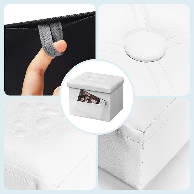 Storage Ottoman Foot Rest Stool, Small Leather Storage Ottomans Bench, Folding Footstool with Side Pockets, Foot Rest Under Desk for Living Room Bedroom, 16x12x12 in, White