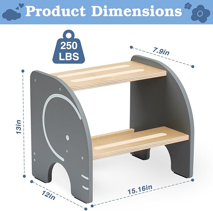 Wooden Step Stool - Two Step Stools Toddler 250 lbs Capacity with Safety Non-Slip Pads - Potty Training Stool for Bathroom Sink, Bedroom, Kitchen Dual Height Step Stools for Kids(Elephant|Gray)