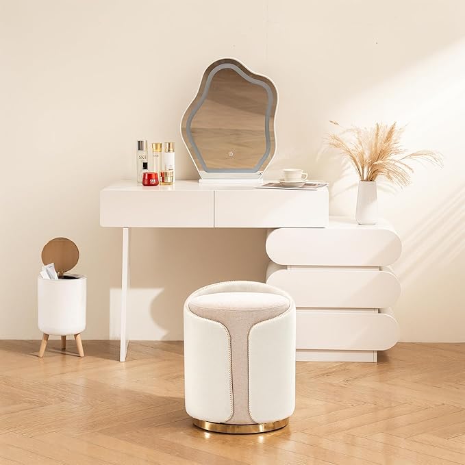 Swivel Vanity Stool with Gold Base Comfy Vanity Chair Modern Round Stool for Makeup Vanity Ottoman Foot Rest for Bedroom livingroom (Beige)