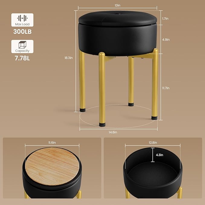 18-Inch Leather Vanity Stool Chair with Storage, Vanity Bench with 4 Golden Metal Legs & Anti-Slip Adjustable Feet,Round Storage Ottoman Stool with Removable Soft Padded Seat, Black