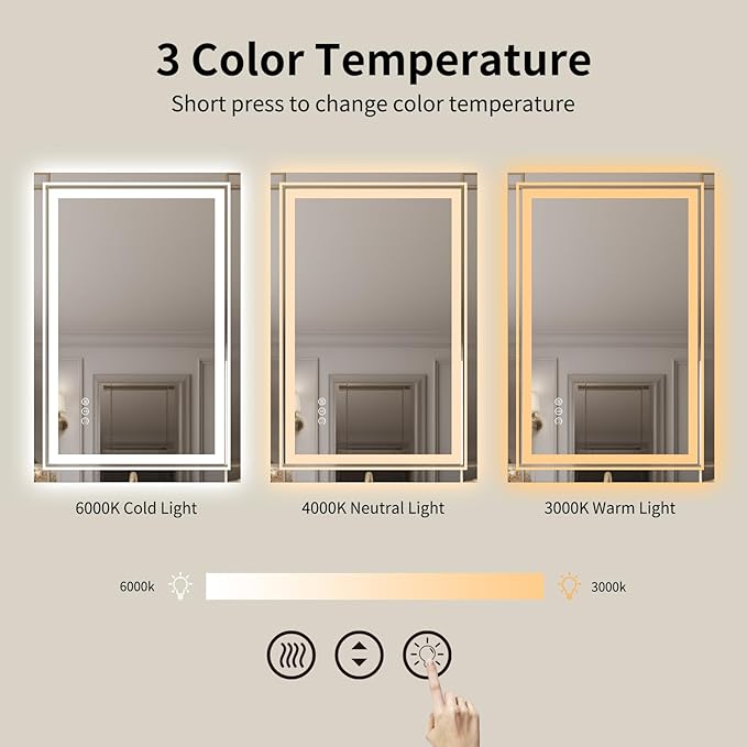 WTTY LED Bathroom Mirror with Backlit and Front Light, 23.6" X 31.5" Stepless Dimmable LED Mirror for Bathroom,Anti-Fog Lighted Bathroom Vanity Mirror Modern for Wall,Memory Function,Shatter-Proof