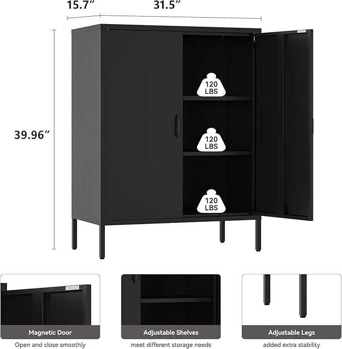 Metal Locker Storage Cabinet with 2 Doors and 4 Shelves，39.96" Tall Steel Office Cabinet,Bathroom Floor Locker，for Office,Home,Garage,Gym,School (Black)