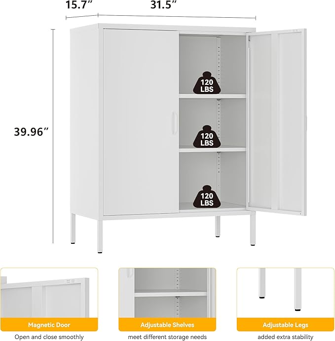 Metal Cabinet with 2 Doors and 4 Shelves，39.96" Tall Steel Office Cabinet,Bathroom Floor Locker，for Office,Home,Garage,Gym,School (White)