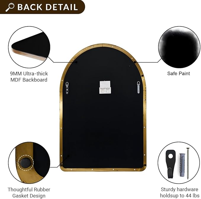 ANDY STAR Arched Mirror, 22 x 30 Inch Gold Wall Mirror in Stainless Steel Metal Frame, Arch Top Rounded Corner 1 Inch Deep Set Design Wall Mount Hangs Vertical