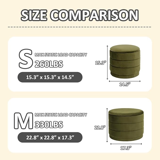 PINPLUS Large Round Velvet Storage Ottoman, Olive Green Upholstered Footstool with Hidden Storage, Sturdy Coffee Table Ottoman for Living Room & Bedroom