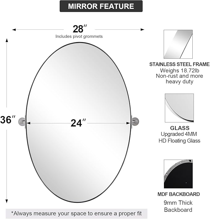 ANDY STAR Oval Bathroom Mirror, 24" x 36" Chrome Stainless Steel Metal Frame Vanity Mirror for Over Sink with Adjustable Tilting Design, Pivoting Mirror for Modern Wall Decor