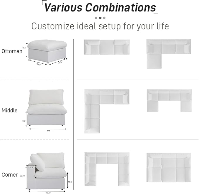 Cloud Couch Modular Sectional Sofa,Oversized 8 Seater Sofa,160.6" U Shaped Convertible Couches with Storage Ottoman Living Room Funiture, Deep Wide Seater,Covers Washable&Replaceable(White)