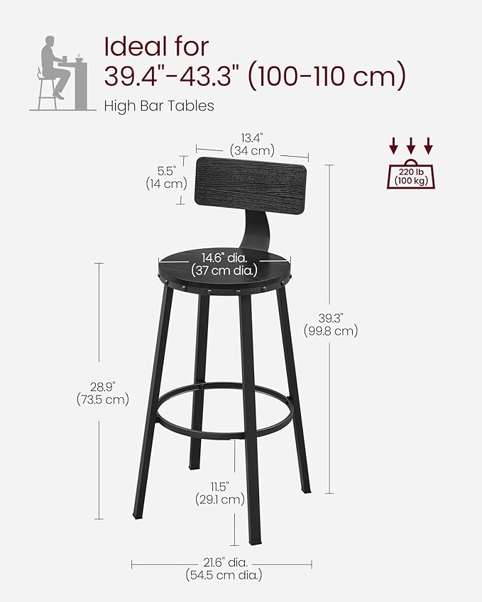 VASAGLE Bar Stools Set of 4, Bar Height Stools, 28.9 Inches Counter Barstools Chairs with Back for Dining Kitchen Island, Steel Frame, Industrial Style, Easy Assembly, Ebony Black