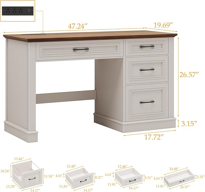 Farmhouse 47" Executive Desk, Computer Desk with Drawers and File Drawer, Workstation Computer Desk with Charging Station for Home Office,Study,（Unique White）