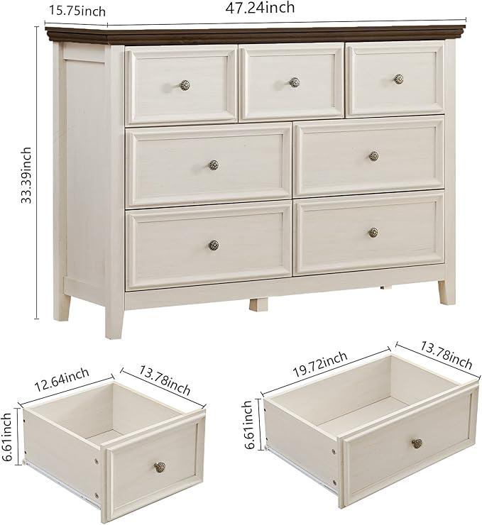 Antique White Dresser for Bedroom 7 Drawers Dresser,7 Chest of Drawers Storage Cabinet for Living Room,Filing Cabinet for Home Office