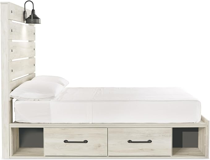 Signature Design by Ashley Cambeck Farmhouse Full Panel Platform Bed with 4 Storage Drawers, Sconce Light and USB Ports, Foundation or Box Spring Not Needed, Whitewash