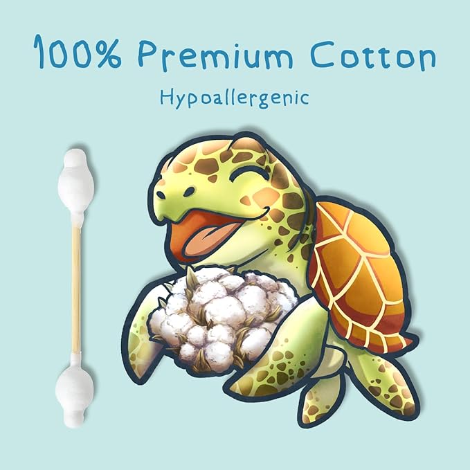Sea Turtle Bamboo Cotton Swabs, Baby Safety Rim (100 Count) - Vegan, Eco Friendly, Organic, Double Tips, Plastic Free Wooden Ear Sticks, All Natural 100% Biodegradable Cotton Buds