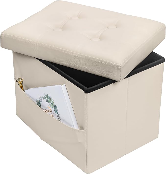 Storage Ottoman Foot Rest Stool, Small Leather Storage Ottomans Bench, Folding Footstool with Side Pockets, Foot Rest Under Desk for Living Room Bedroom, 16x12x12 in, Beige