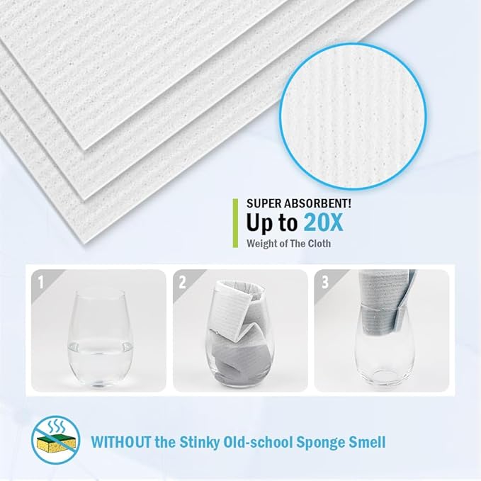 AIDEA Swedish Dishcloths for Kitchen, 10PK, White, Absorbent Sponge Dish Cloth, Dishcloths for Washing Dishes, Reusable Paper Towels Dish Cloths, Swedish Towels for Home, Kitchen, Glass, 7" x 6"