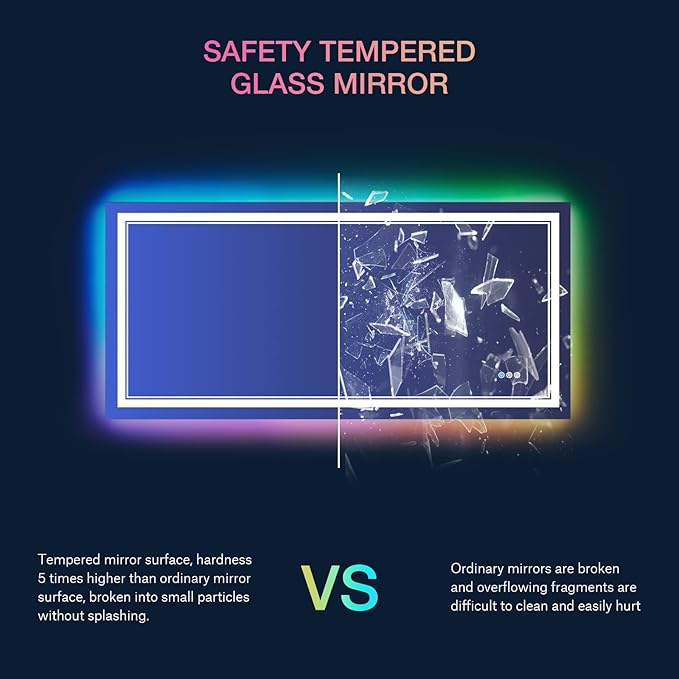 40x24 inch LED Mirror for Bathroom,RGB LED Lighted Bathroom Vanity Mirror with Lights,Shatterproof,Dimmable,Anti-Fog RGB Backlit Mirror (RGB Multicolor Backlit + Front-Lighted)
