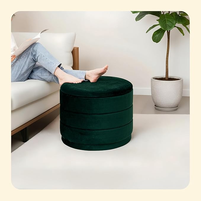 PINPLUS Large Round Velvet Storage Ottoman, Bottle Green Upholstered Footstool with Hidden Storage, Sturdy Coffee Table Ottoman for Living Room & Bedroom