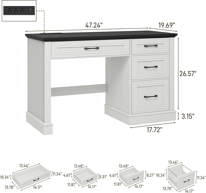 Vabches Farmhouse 47" Executive Desk, Computer Desk with Drawers and File Drawer, Workstation Computer Desk with Charging Station for Home Office, Study,Black.