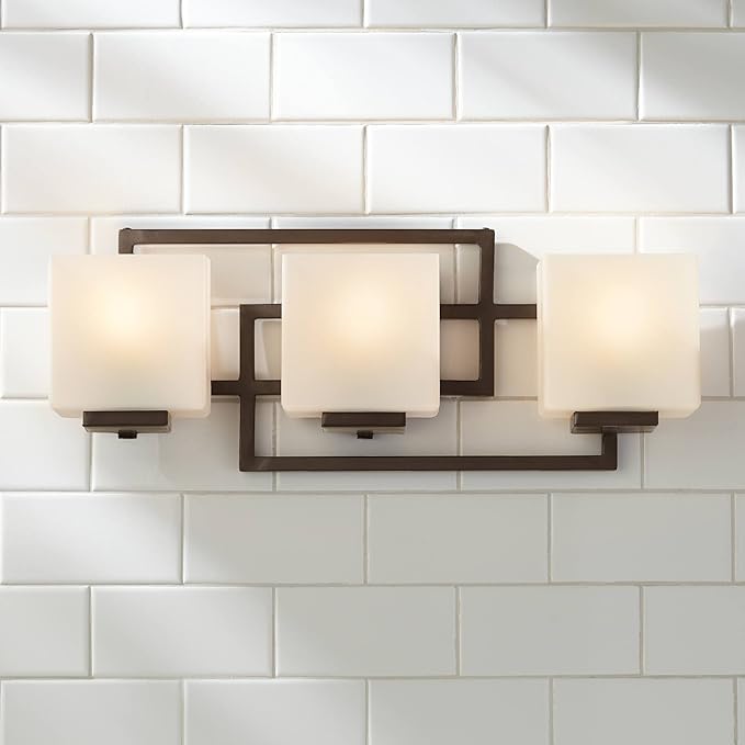 Possini Euro Design Lighting on The Square Modern Wall Mount Light Bronze Metal Hardwired 21" Wide 3-Light Fixture Geometric Opal Glass Shades for Bathroom Vanity Mirror House Home Room Decor