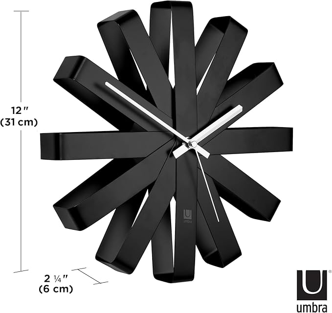 Umbra Ribbon Modern 12-inch Wall Clock, Battery Operated Quartz Movement, Silent Non Ticking Wall Clocks, Black