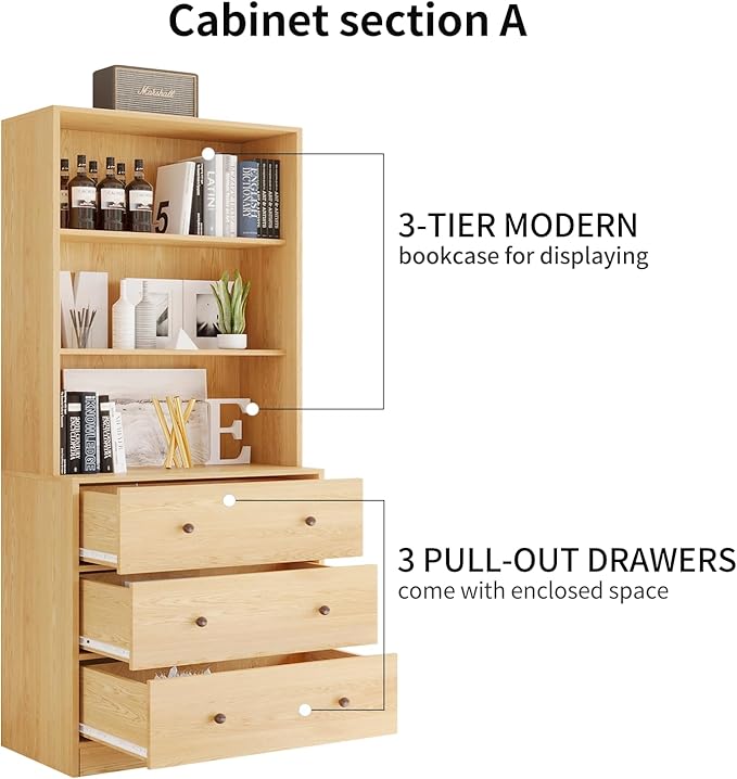 VOWNER Vertical File Cabinet, 3-Tier Modern Bookshelf with 3 Large Drawer, Wood Filing Cabinet with Open Storage Shelf, Glass Doors and Fixed Storage Shelves for Home Office, Wood