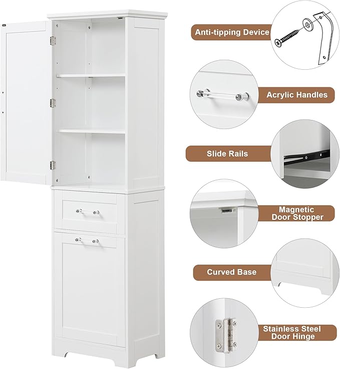 Tall Bathroom Storage Cabinet, Freestanding Storage Cabinet with 1 Door, 2 Different Size Drawers for Bathroom Living Room (White)