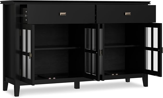 SIMPLIHOME Artisan Buffet - 60 inch Wide Solid Wood 4-Door Sideboard Buffet in Black, Transitional Storage Cabinet for Dining Room or Kitchen with Adjustable Shelves and Square Knobs