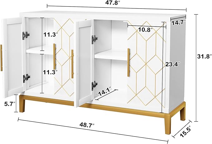 HLR Accent Cabinet with 4 Doors&Shelves, Sideboard Buffet Cabinet with Gold Trim, Modern White Storage for Living Room, Entryway, Kitchen, Dining Room, Hallway