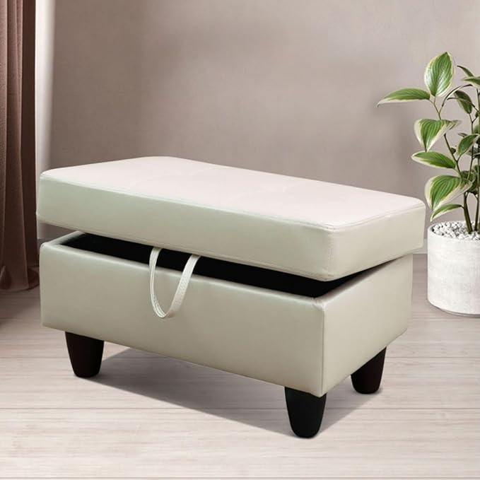 Ottoman Storage Ottoman Bench Faux Leather Footrest Footstool with Hinged Lid for Living Room, Bedroom, Entryway, Pearl White, 28.5"X19"X17.5"