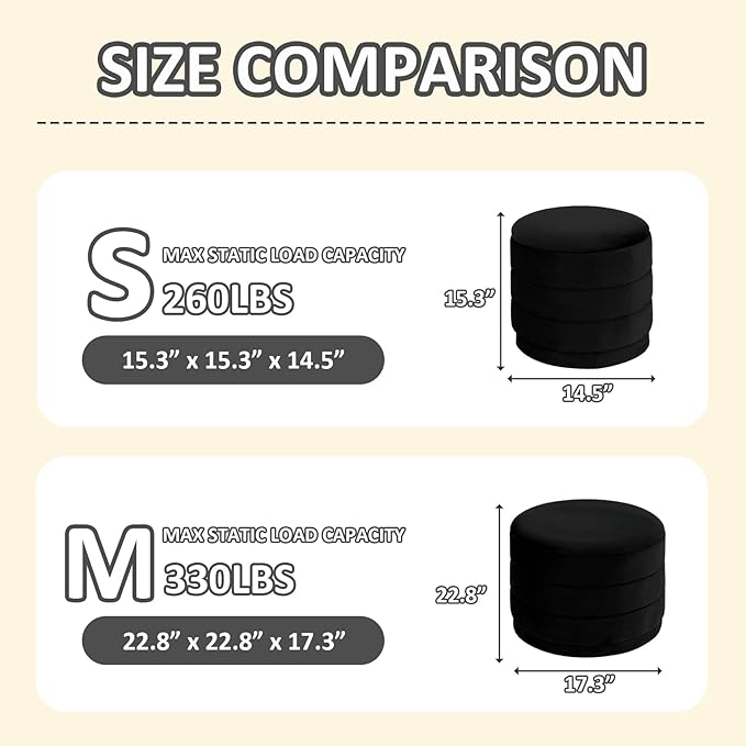 PINPLUS Large Round Velvet Storage Ottoman, Black Upholstered Footstool with Hidden Storage, Sturdy Coffee Table Ottoman for Living Room & Bedroom