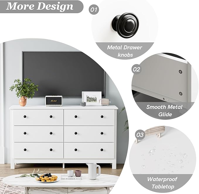 White Dresser, Modern 6 Drawer Double Dresser for Bedroom with Black Knobs, Adults & Kids Wide Dressers & Chests of Drawers for Hallway, Entryway