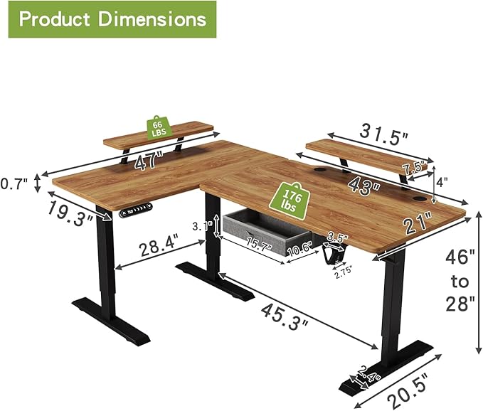 Radlove 63-Inch Large Electric Height Adjustable Computer L-Shaped Desk with Memory Controller Corner Standing Desk Modern Workstation with Splice Board Ergonomic Desk (Black Frame + Rustic Brown Top)
