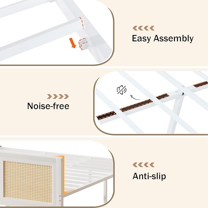Rattan Bed Frame Queen, Boho Bed Frame with Headboard, Metal Platform Bed Frame Queen Size with Strong Slats Support, No Box Spring Needed, Noise Free, Easy Assembly, White