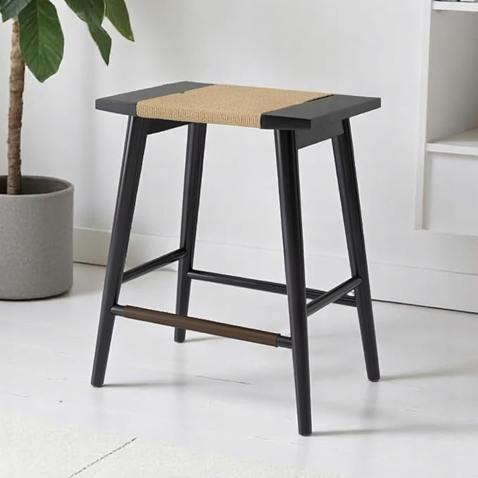 Thor Wicker Premium Solid Wood Counter Stool 24", Backless Counter Height Seating with Hand-Knitted Rope, Eco-Friendly Modern Design (Midnight Charcoal)