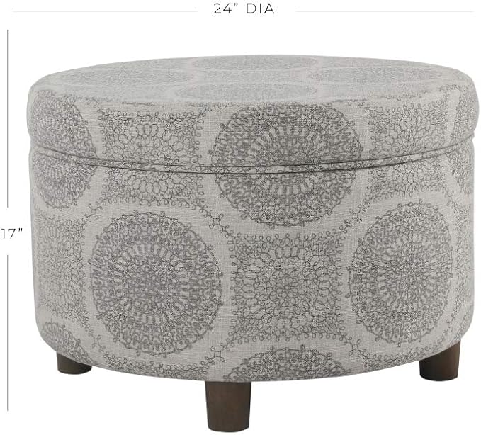 HomePop Home Decor | Upholstered Round Storage Ottoman | Ottoman with Storage for Living Room & Bedroom (Light Grey Medallion) Large