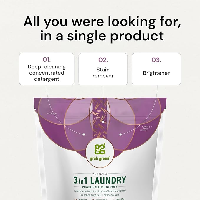 Grab Green 3-in-1 Laundry Detergent Pods, 60 Count, Gardenia Scent, Plant and Mineral Based, Superior Cleaning Power, Stain Remover, Brightens Clothes