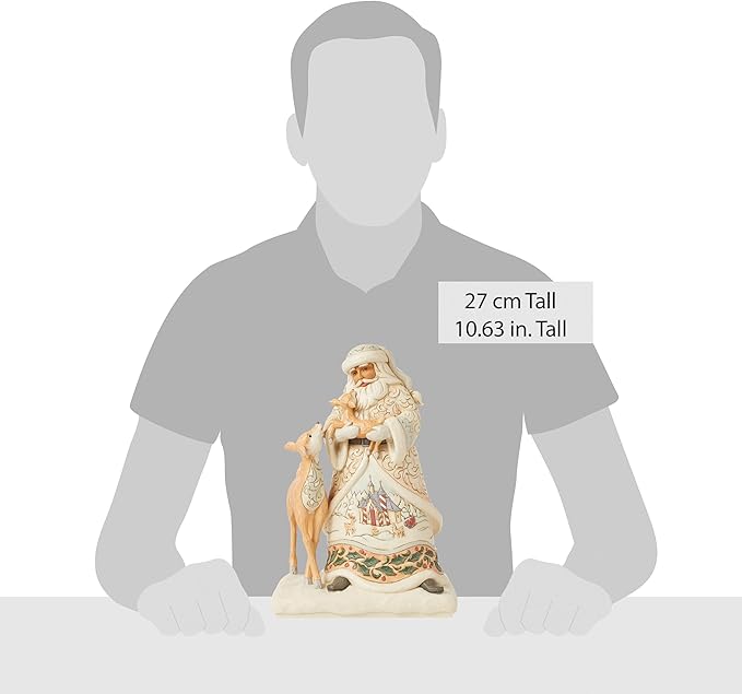 Enesco Jim Shore Heartwood Creek White Woodland Santa Holding a Fawn Figurine- Stone Resin Hand Painted Crafted Collectible Santa Figurines Christmas Home Decor Statue, 10.63 Inch
