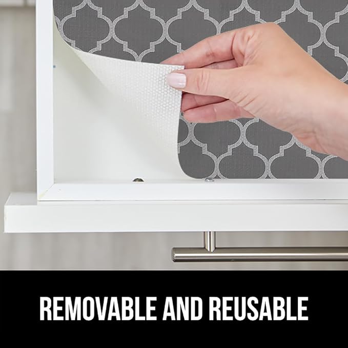 GORILLA GRIP DripGuard Shelf Liner, Non Adhesive Drawer and Kitchen Cabinet Protector, Slip Resistant BPA Free Smooth Surface Plastic Liners for Cabinets, Bathrooms, Closets, 12x120 Inch, White Gray